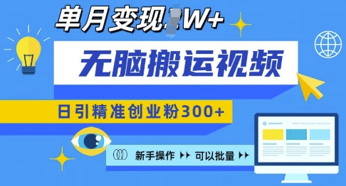 无脑搬运视频号可批量复制，新手即可操作，日引精准创业粉300+，月变现过W 【揭秘】-小宇资源站