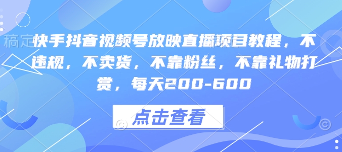 快手抖音视频号放映直播项目教程，不违规，不卖货，不靠粉丝，不靠礼物打赏，每天200-600-小宇资源站