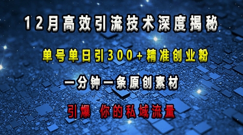 最新高效引流技术深度揭秘 ，单号单日引300+精准创业粉，一分钟一条原创素材，引爆你的私域流量-小宇资源站