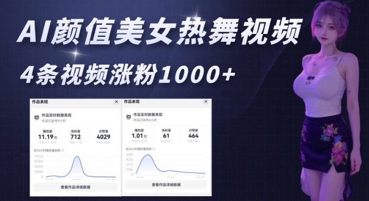 AI颜值美女热舞视频，4条视频涨粉1000+，实测6分钟一条-小宇资源站