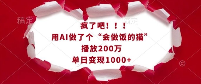 疯了吧！用AI做了个“会做饭的猫”，播放200万，单日变现1k-小宇资源站