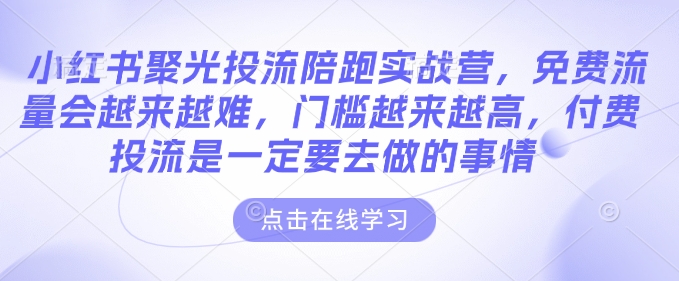 小红书聚光投流陪跑实战营，免费流量会越来越难，门槛越来越高，付费投流是一定要去做的事情-小宇资源站