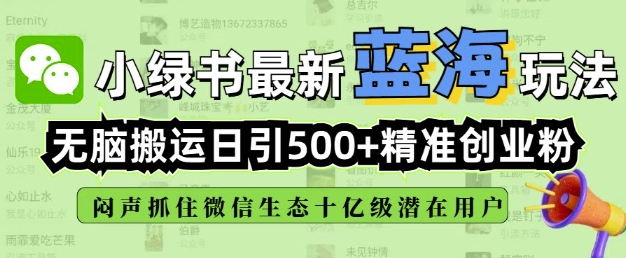 小绿书无脑搬运引流，全自动日引500精准创业粉，微信生态内又一个闷声发财的机会-小宇资源站