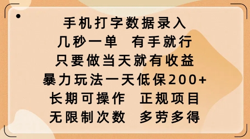 手机打字数据录入，几秒一单，有手就行，只要做当天就有收益，暴力玩法一天低保2张-小宇资源站