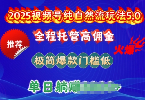 2025视频号纯自然流玩法5.0，全程托管高佣金，极简爆款门槛低，单日收益多张【揭秘】-小宇资源站
