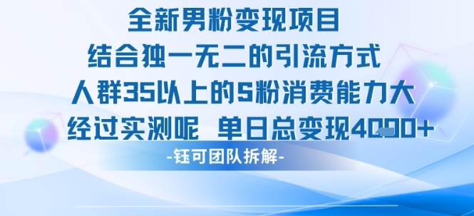 全新男粉变现项目引流人群35以上的男粉消费能力大 经过实测单日变现1k+-小宇资源站