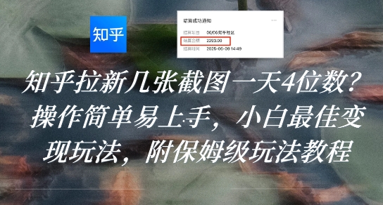 知乎拉新几张截图一天4位数？操作简单易上手，小白最佳变现玩法，附保姆级玩法教程-小宇资源站