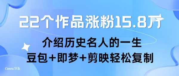 22个作品涨粉15.8W ，介绍历史名人的一生 ， 豆包+即梦+剪映轻松复制-小宇资源站