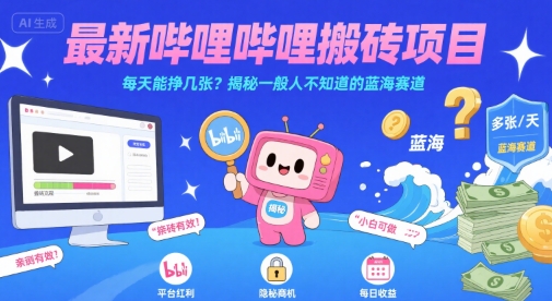 最新哔哩哔哩上B站搬砖项目，每天能挣几张？揭秘一般人不知道的蓝海赛道-小宇资源站