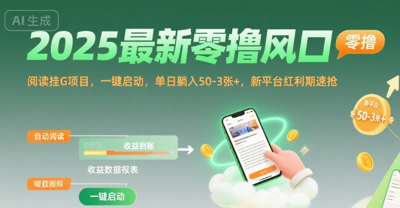 2025最新零撸风口，阅读挂G项目，一键启动，单日躺入 50-3张+，新平台红利期速抢【揭秘】-小宇资源站