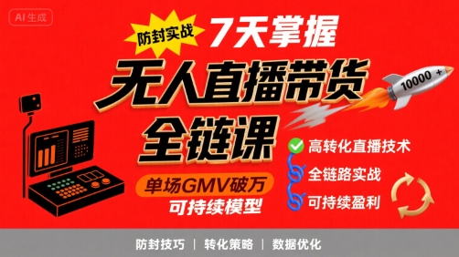 无人直播带货全链防封实战课，7天掌握高转化直播技术，实现单场GMV破万可持续模型-小宇资源站