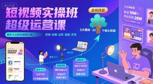 短视频实操班超级运营课，新手小白到短视频大神必修课程，剪辑-拍摄-运营-直播-变现-小宇资源站
