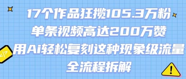 17个作品狂揽105.3W粉，单条视频高达200W赞，用Ai轻松复刻这种现象级流量!(全流程拆解)-小宇资源站
