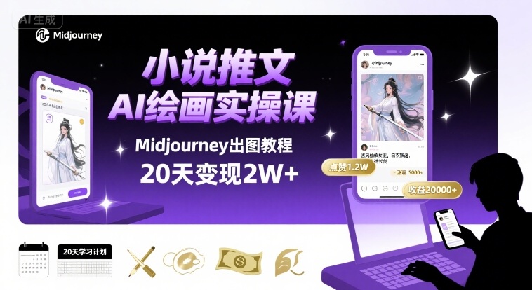 小说推文干货分享之AI绘画MJ出图实操课，用Midjourney做小说推文，20天挣2w-小宇资源站