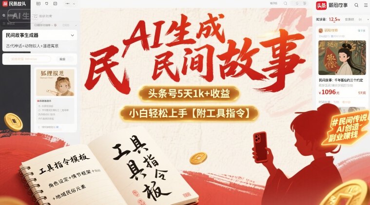 AI生成民间故事，头条号5天1k+，小白轻松上手【附工具指令】-小宇资源站