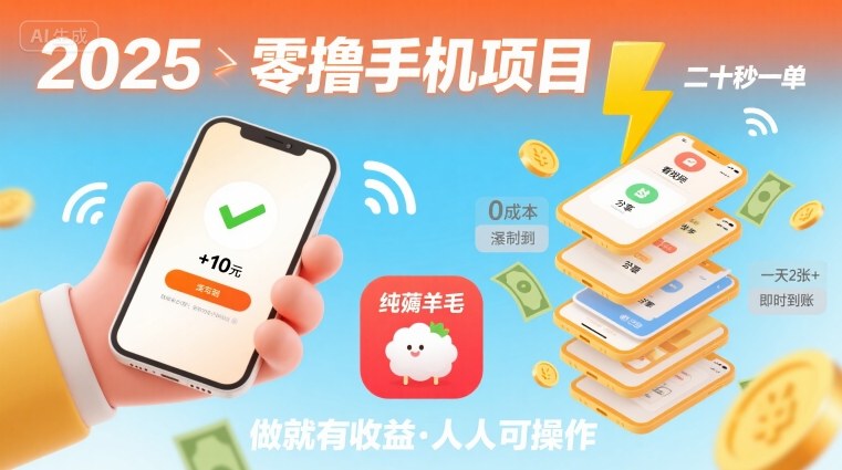 2025年零撸手机项目，二十秒一单，纯薅羊毛 一天2张+做就有【揭秘】-小宇资源站