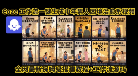 coze工作流一键生成”中年男人困境扎心高涨粉高播放量图文视频”保姆级拆解教程，无需剪辑，无需拍摄写文案-小宇资源站