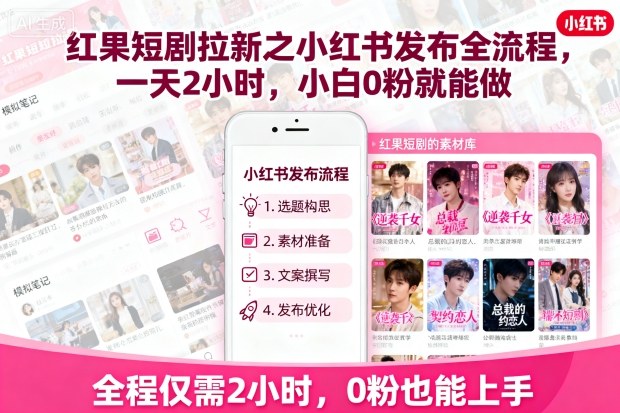 红果短剧拉新之小红书发布全流程，一天2小时，小白0粉就能做-小宇资源站