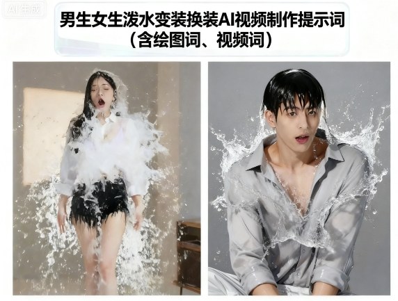男生女生泼水变装换装AI视频制作提示词(含绘图词、视频词)-小宇资源站