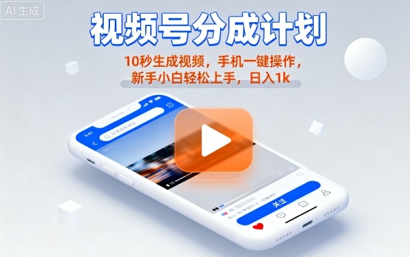 视频号分成计划懒人玩法，10秒生成视频，手机一键操作，新手小白轻松上手，日入1K【揭秘】-小宇资源站