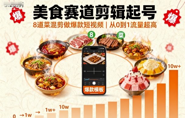 美食赛道剪辑起号，8道菜混剪做爆款短视频，从0到1，流量超高-小宇资源站