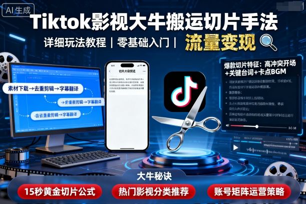 Tiktok影视大牛搬运切片手法，详细玩法教程-小宇资源站