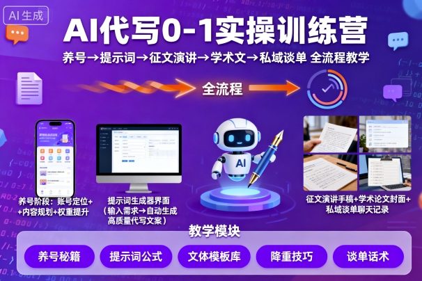 AI代写0-1实操训练营，从养号、提示词、征文演讲、学术文，到私域谈单的全流程教学-小宇资源站