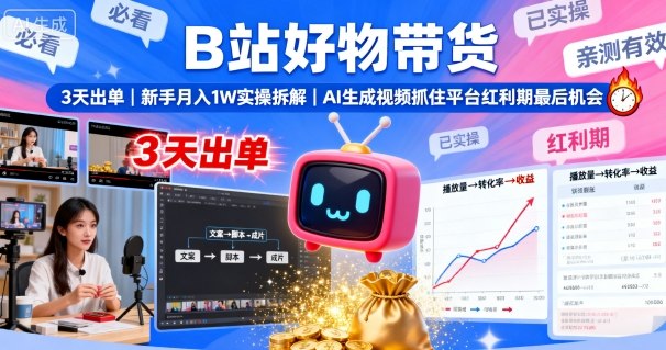 B站好物带货，3天出单，新手月入1W实操拆解，AI生成视频，抓住平台红利期最后机会-小宇资源站