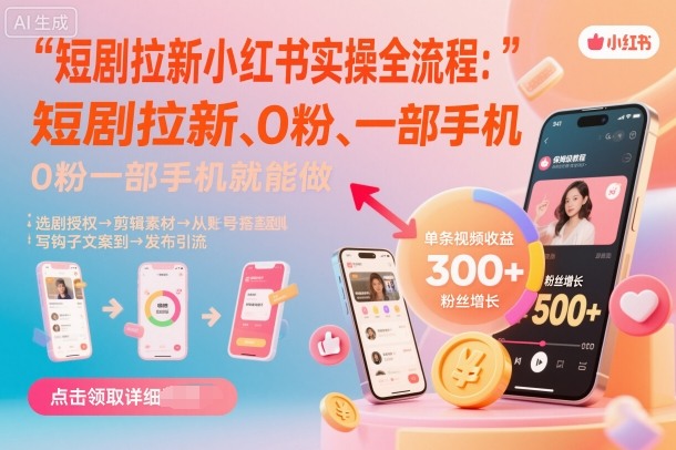短剧拉新小红书实操全流程，0粉一部手机就可以做，详细教程-小宇资源站