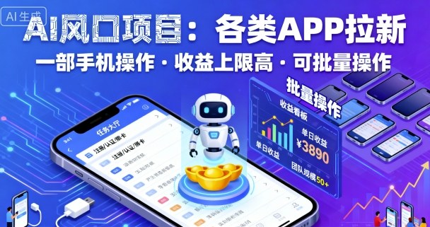 AI风口项目，各类APP拉新，一部手机就可以操作，收益上限高，可批量操作-小宇资源站