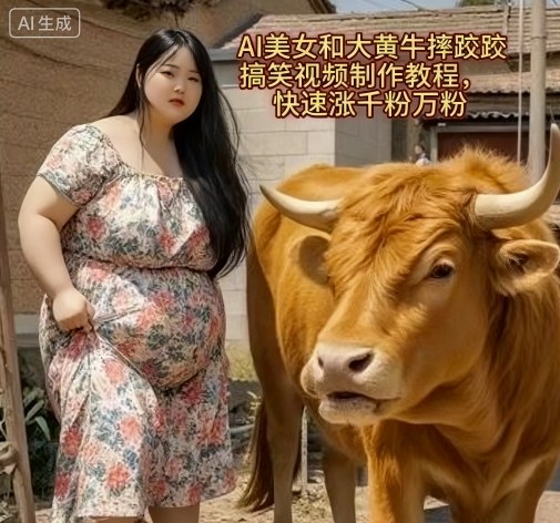 AI美女和大黄牛摔跤搞笑荒诞视频制作教程，快速涨千粉万粉-小宇资源站