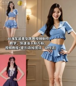 AI海军装美女跳舞视频制作教学，快速涨千粉万粉，视频教程+提示词(绘图词、动作词)-小宇资源站