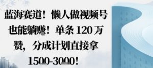 蓝海赛道,懒人做视频号也能躺挣,单条120W赞,分成计划直接拿1.5k,不用拍不用剪-小宇资源站